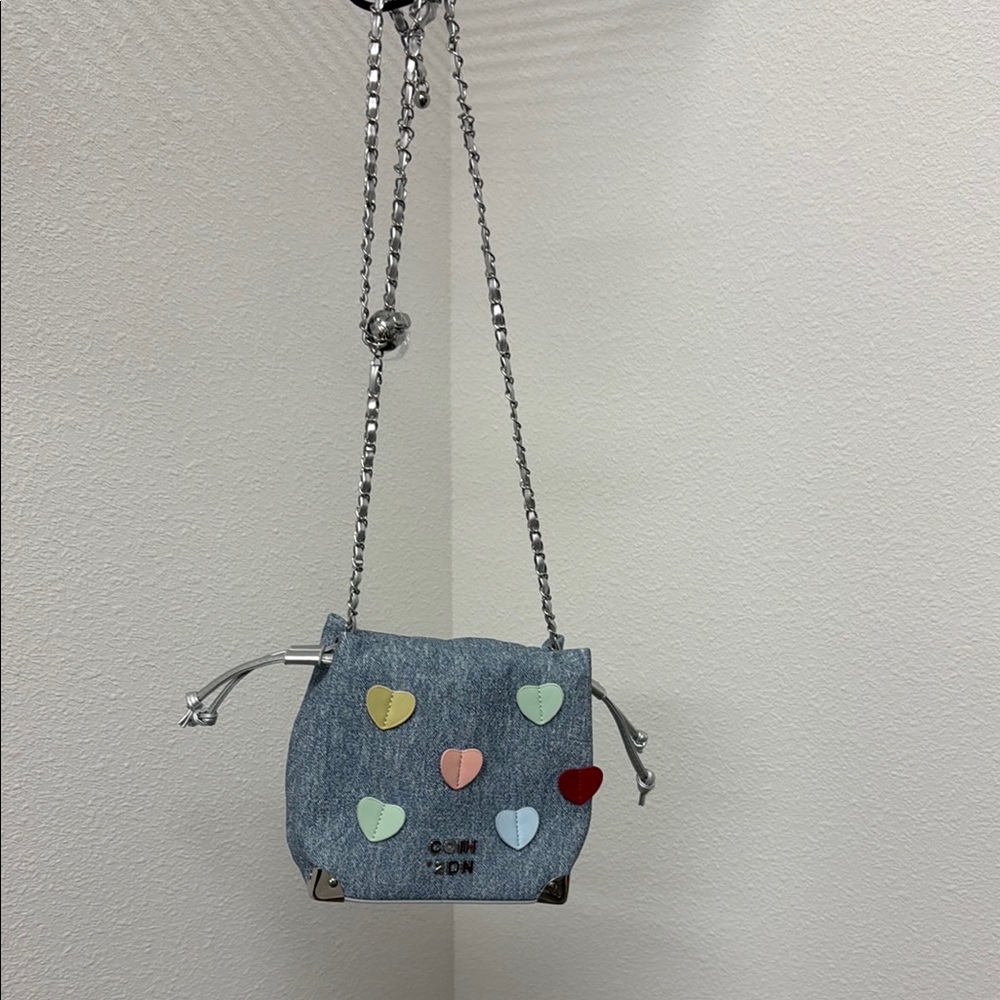 Heart-Embellished Denim Crossbody Bag